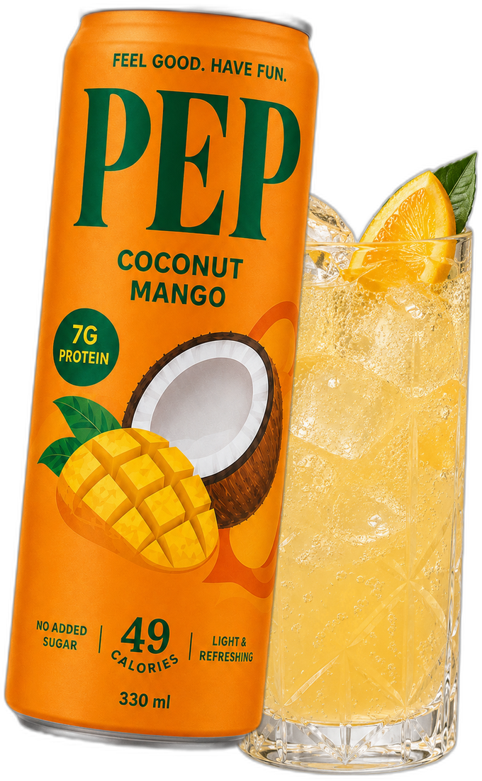 PEP Coconut Mango can beside a glass of sparkling drink
